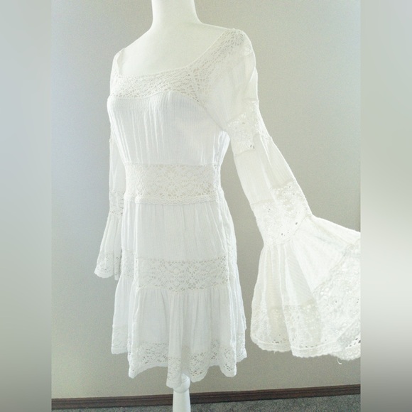 Free People Dresses & Skirts - Revolve Free People Pippa Dress Ivory Eyelet Lace Trim  Size 8 Bell Sleeve Boho